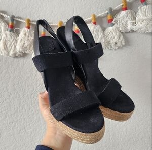 Tory Burch Espadrille Wedge Slingback Black Canvas Sandal Boho Chic Comfort 10